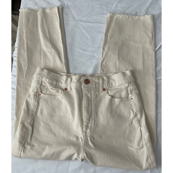 Express Womens Sz 8 Cropped Straight Super High Rise Jeans Raw Hem Beige Denim - Picture 2 of 6